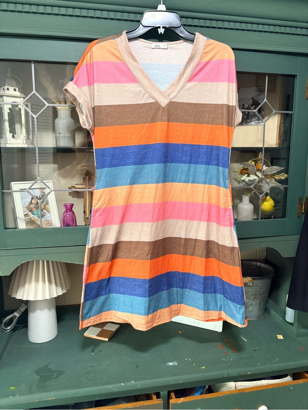 Striped V-Neck Tunic Dress in Bright Multi-Color